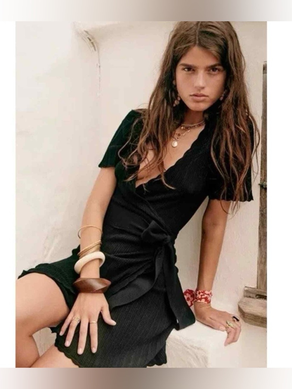 Sezane Luisa Black Wrap Knit Dress